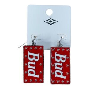 Bud Budweiser Earrings Novelty Dangle Drop Rhinestone Beer Can Earrings‎ Red New